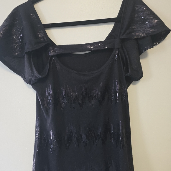 BCX Black Sequin Flutter Sleeve Blouse - Picture 3 of 7
